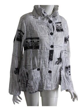 KI Meng L Black Newspaper Print Crinkle Jacket Pockets & Button Front